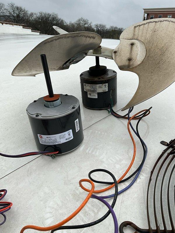 Replaced failed condenser fan motor and blade assembly on Lennox unit serial number 5803C14708. Reused existing motor mount bracket, installed new motor with blade, and replaced deteriorated suction line insulation to restore proper system operation and prevent future refrigerant line sweating.