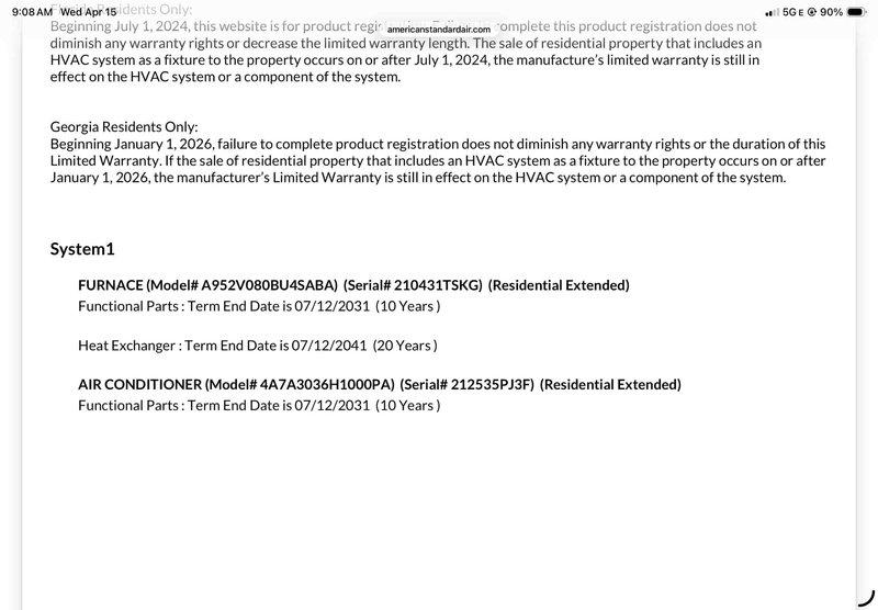 Responded to no cooling call at residential property. Upon inspection, found failed capacitor in outdoor condensing unit with visible corrosion on terminals and mounting bracket. Verified equipment warranty status showing 10-year parts coverage active through 2031 on both furnace and air conditioning systems. Replaced defective capacitor, tested system operation, and restored cooling functionality to unit.