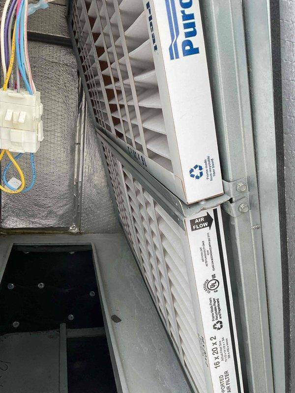 Completed scheduled BFMA preventive maintenance on two rooftop units, performing comprehensive tune-up procedures and replacing air filters on both systems. Inspected electrical connections, verified refrigerant charge on Puron systems, checked airflow operation, and confirmed all mechanical components were functioning properly. All equipment operating within manufacturer specifications upon completion.