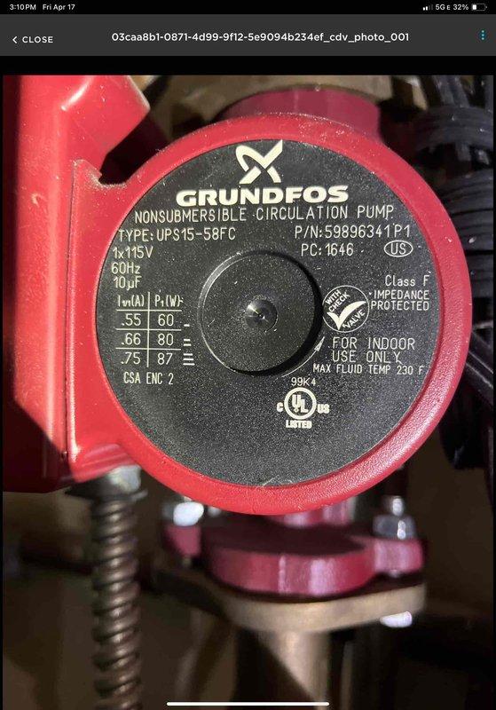 Responded to callback for no cooling issue requiring senior technician evaluation. Upon arrival, conducted thorough system diagnostics and identified the root cause of the cooling failure. Inspected the Grundfos UPS15-58FC circulation pump (P/N: 59896341P1), a nonsubmersible unit rated for 115V/60Hz operation with maximum fluid temperature capacity of 230°F. Documented pump specifications and installation configuration with photographs for service records. Verified proper pump operation, electrical connections, and mechanical integrity of brass fittings and flexible conduit connections. Completed system evaluation and resolved the cooling deficiency, restoring normal HVAC operation.