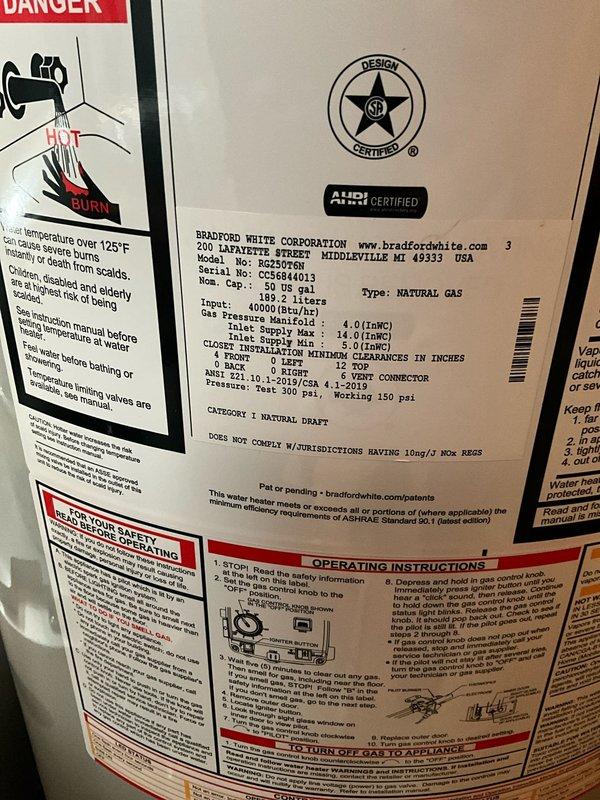 Replaced 50-gallon Bradford White water heater under manufacturer and Blue Frost warranty coverage. Per manufacturer technical support requirements, installed expansion tank to address thermal expansion issue caused by failing check valve in water softener system. Coordinated with warranty department to ensure proper claim processing, with notation that insulation blanket removal was recommended but not mandatory, and that future failures may require water corrosivity testing for warranty consideration.