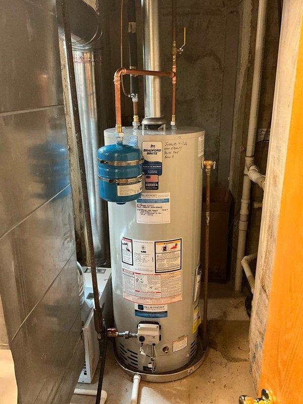 Replaced 50-gallon Bradford White water heater under manufacturer and Blue Frost warranty coverage. Per manufacturer technical support requirements, installed expansion tank to address thermal expansion issue caused by failing check valve in water softener system. Coordinated with warranty department to ensure proper claim processing, with notation that insulation blanket removal was recommended but not mandatory, and that future failures may require water corrosivity testing for warranty consideration.