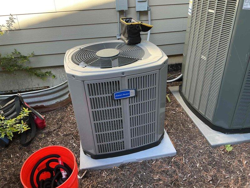 Completed comprehensive BFMA tune-up service on two residential air conditioning systems, including a 2-year-old cylindrical condenser unit and a 10-year-old system. Performed standard maintenance procedures including inspection of electrical disconnects, conduit connections, and outdoor unit placement on equipment pads. Verified proper installation of pleated air filtration media and ensured all components were operating within manufacturer specifications for optimal system performance.