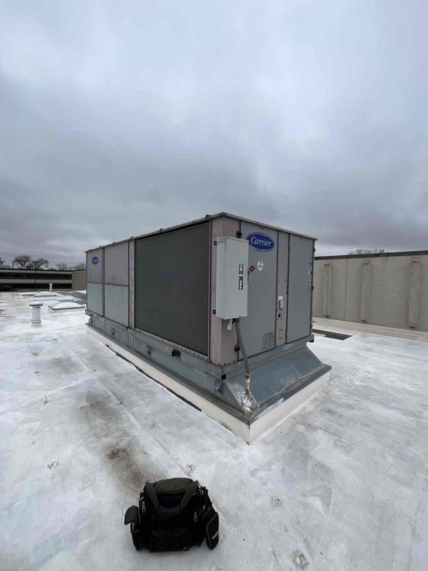 Completed scheduled BFMA preventive maintenance on nine commercial rooftop units, including comprehensive tune-up services and filter replacements on all units. Performed thorough inspection of electrical components, contactors, and control systems, verifying proper connections and terminal integrity across all RTU equipment during winter weather conditions.
