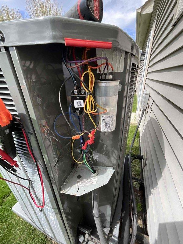 Completed comprehensive BFMA tune-up on residential outdoor AC condenser unit, which included full system inspection, electrical testing with diagnostic equipment, and capacitor verification. Performed standard maintenance procedures on 4+ year old system, installed 2x13 air filter, and tested all electrical connections and components to ensure proper operation. Unit was found to be functioning within normal parameters upon completion of tune-up service.