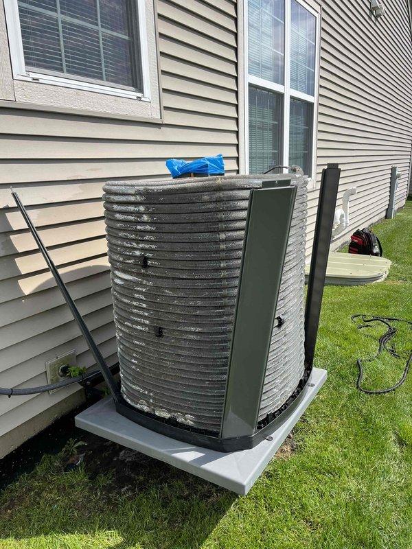 Completed comprehensive BFMA tune-up on residential outdoor AC condenser unit, which included full system inspection, electrical testing with diagnostic equipment, and capacitor verification. Performed standard maintenance procedures on 4+ year old system, installed 2x13 air filter, and tested all electrical connections and components to ensure proper operation. Unit was found to be functioning within normal parameters upon completion of tune-up service.