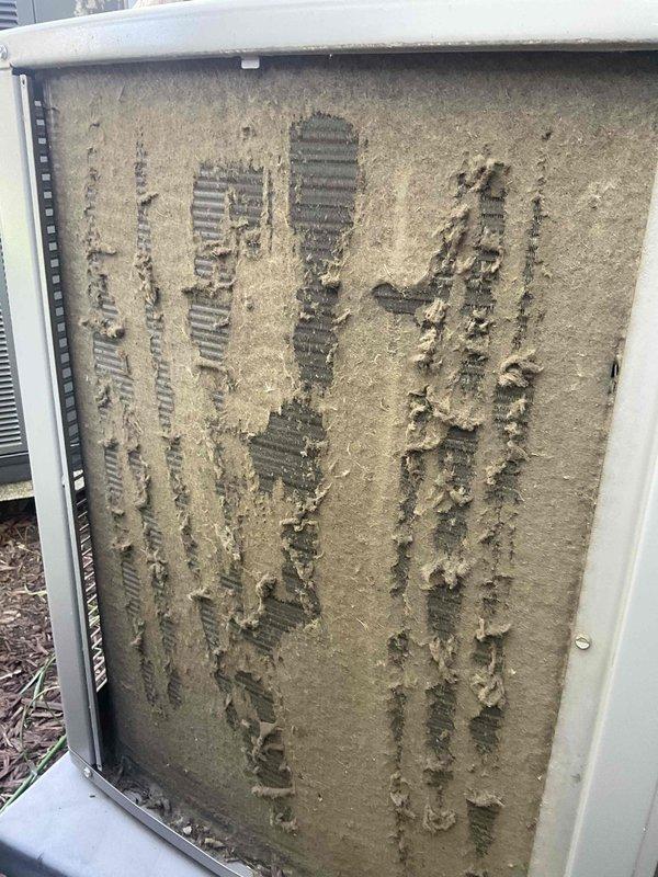 Completed comprehensive AC tune-up on two 7-year-old air conditioning units. Performed standard maintenance protocol including system inspection, refrigerant level check, electrical component testing, and condenser coil cleaning. Replaced heavily soiled air filters on both units, which showed significant dirt accumulation with visible airflow restriction patterns; installed new pleated filters to restore proper airflow and system efficiency.