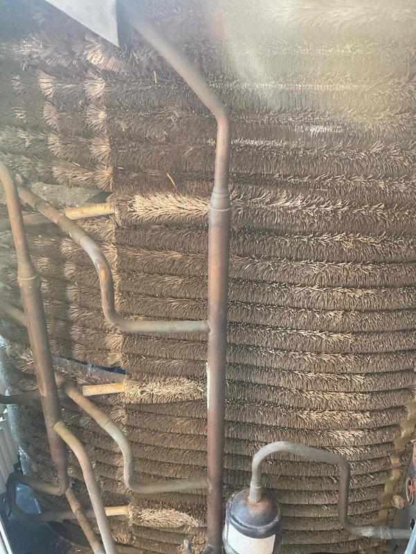Completed comprehensive BFMA tune-up on residential air conditioning system over 5 years old during morning service window. Performed thorough inspection of evaporator coil assembly, noting moderate accumulation of dust and dirt on aluminum fins throughout multiple serpentine rows. Inspected all refrigerant lines for signs of leaks or deterioration, observing normal age-related discoloration on copper tubing. Verified filter drier condition and all refrigerant line connections at coil assembly. Examined electrical components including capacitor, motor relay, and all wire connections, confirming proper terminations and secure wire nuts. Documented equipment condition with photos showing evaporator coil configuration and electrical compartment layout. All components operating within normal parameters upon completion of tune-up procedures.