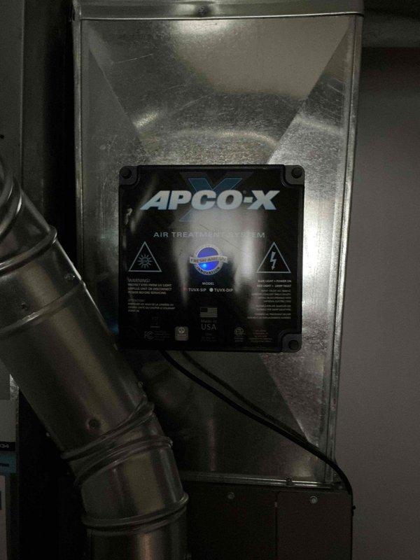 Replaced UV bulb in APCO-X air treatment system mounted on the air handler ductwork. The replacement bulb was available on the service vehicle, allowing for immediate completion of the repair. System tested and verified operational after bulb replacement.