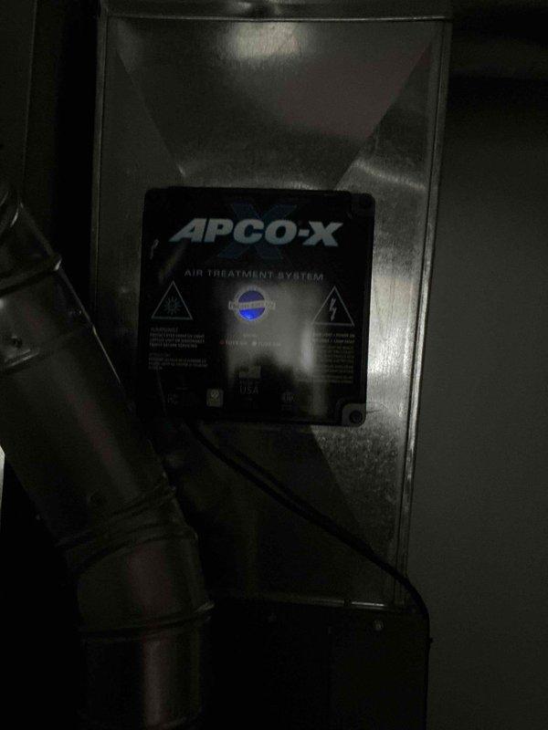 Replaced UV bulb in APCO-X air treatment system mounted on the air handler ductwork. The replacement bulb was available on the service vehicle, allowing for immediate completion of the repair. System tested and verified operational after bulb replacement.