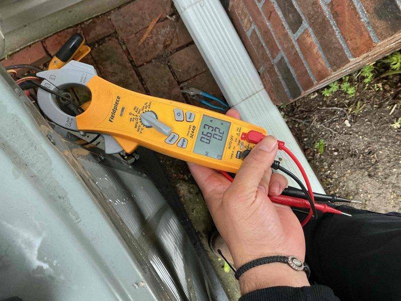 Completed comprehensive BFMA tune-up service on 10-year-old residential air conditioning system during scheduled morning appointment. Performed full system inspection of outdoor condensing unit, including electrical diagnostics using clamp meter to verify proper amperage draw and electrical performance. Conducted standard preventive maintenance procedures to ensure optimal system operation and efficiency for the cooling season.
