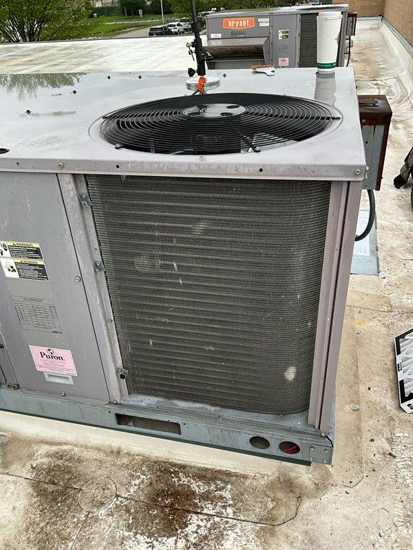Completed comprehensive BFMA preventive maintenance tune-up on three rooftop units at commercial facility, including two 11-year-old units and one 17-year-old unit. Performed full system inspection, filter changes, coil cleaning, electrical checks, refrigerant level verification, and operational testing on all RTUs. All equipment is operating within manufacturer specifications with proper airflow and temperature differentials achieved.