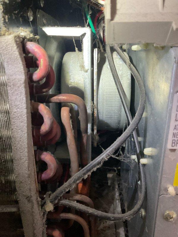 Responded to no heat call for PTAC unit reported to be making loud noise and not heating properly. Upon inspection, found excessive dust and debris accumulation throughout the unit's interior components, including blower motor assembly, copper refrigerant lines, electrical wiring, and flexible ductwork connections. The heavy buildup was identified as the likely cause of both the noise complaint and reduced heating performance. Documented unit condition with interior component photos and measured vent opening dimensions. Unit requires thorough cleaning and maintenance to restore proper operation and eliminate excessive noise.
