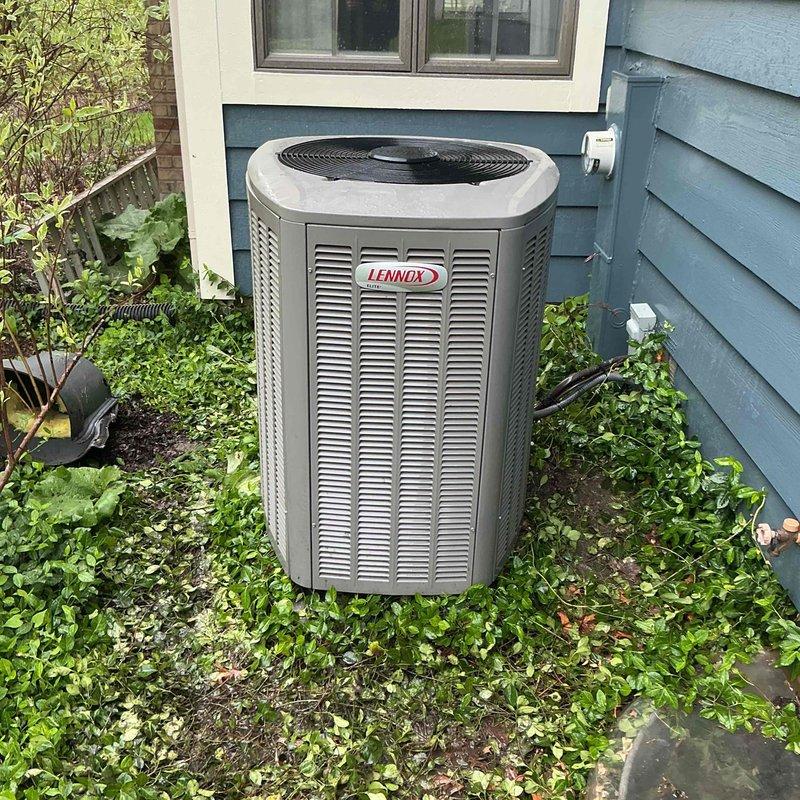 Completed comprehensive BFMA tune-up on 7-year-old Lennox residential air conditioning system. Performed full inspection of outdoor condenser unit including coil cleaning, electrical connections check, refrigerant level verification, and component testing. Inspected internal components including accumulator, copper line sets, evaporator coil, and wiring connections; all systems found operating within normal parameters with minor surface oxidation noted on copper piping consistent with equipment age.