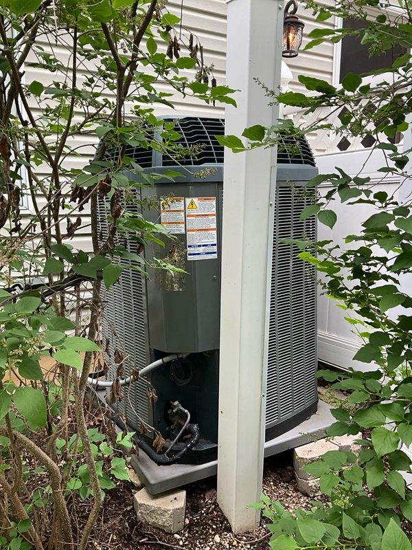 Completed semi-annual BFMA preventative maintenance on residential AC system. Performed comprehensive tune-up including system inspection, replaced 16x25x5 air filter, and evaluated evaporator coil which showed evidence of biological growth and debris accumulation between fins. Exterior condensing unit inspected and found operational with adequate clearance despite surrounding vegetation. System running within normal parameters upon completion of service.