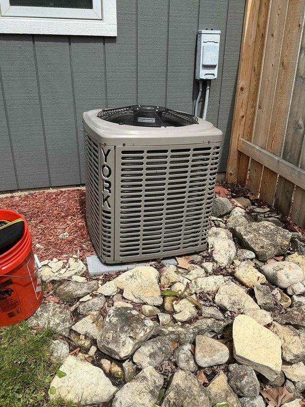 Completed comprehensive BFMA tune-up service on 14+ year old York outdoor condensing unit during morning appointment window. Performed standard AC maintenance protocol including system diagnostics with digital meter, electrical testing, refrigerant pressure checks, and operational performance verification. Unit tested and confirmed operating within manufacturer specifications upon completion.