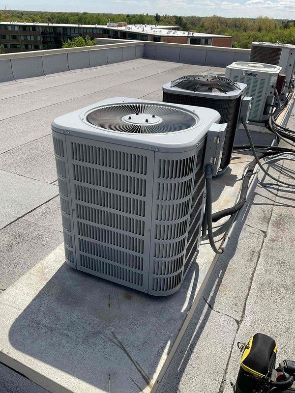 Completed comprehensive air conditioning tune-up on a 2-year-old Trane vertical air handler system located in interior mechanical room and corresponding rooftop condenser units. Performed standard preventative maintenance including filter inspection, refrigerant level verification, electrical connection assessment, condensate drain line check, and operational testing of all system components to ensure optimal performance for the cooling season.