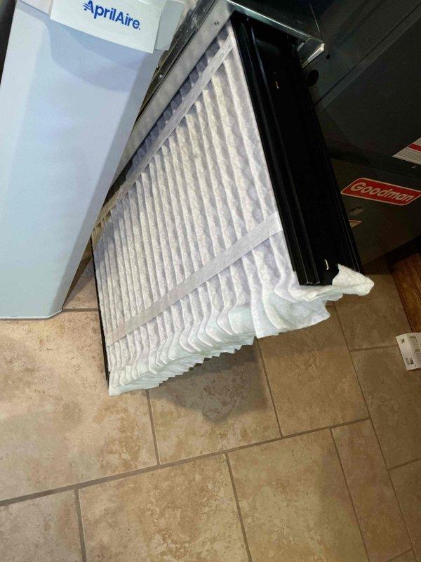 Completed comprehensive BFMA tune-up service on two residential air conditioning systems: a 3-year-old Trane XR condensing unit and a 6-year-old Goodman system. Performed full preventative maintenance protocol including inspection of electrical components, refrigerant levels, condenser coil cleaning, fan motor operation verification, and replaced air filtration media with new AprilAire filter. Both systems tested and operating within manufacturer specifications upon completion.