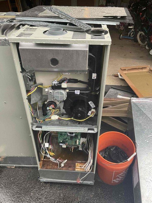 Completed full replacement of dual-zone Lennox furnace system serving first and second floors. Installed two EL297UH070V36B high-efficiency gas furnaces with corresponding AA1210 air handlers in attic location, configured for independent zone control. Mounted and programmed Ecobee smart thermostats for both zones, establishing proper communication with equipment and verifying all heating sequences, safety controls, and airflow parameters met manufacturer specifications.