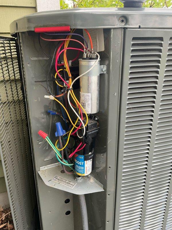 Completed comprehensive BFMA tune-up service on a 4+ year old outdoor air conditioning unit during morning hours. Performed full system inspection including electrical components, capacitor testing, condenser coil evaluation, and verification of all wire connections and safety controls. Unit was found to be in operational condition with all components properly installed and functioning within manufacturer specifications.
