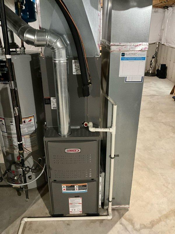 Completed comprehensive BFMA tune-up service on residential HVAC system including 2-year-old Lennox furnace and air conditioning unit. Performed standard maintenance procedures, inspected all mechanical components, checked refrigerant levels, cleaned condenser coils, tested system operation, and replaced 18x25 air filter. All equipment operating within manufacturer specifications with no issues identified.