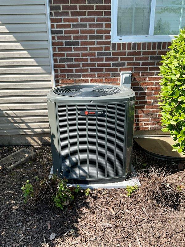Completed comprehensive air conditioning tune-up on residential Trane condenser unit aged 2+ years. Performed standard maintenance protocol including inspection of all major components, cleaning of condenser coils, verification of refrigerant levels, testing of electrical connections, and confirmation of proper system operation. Unit is functioning within manufacturer specifications and positioned appropriately on concrete pad with adequate clearance from landscaping for optimal airflow and efficiency.