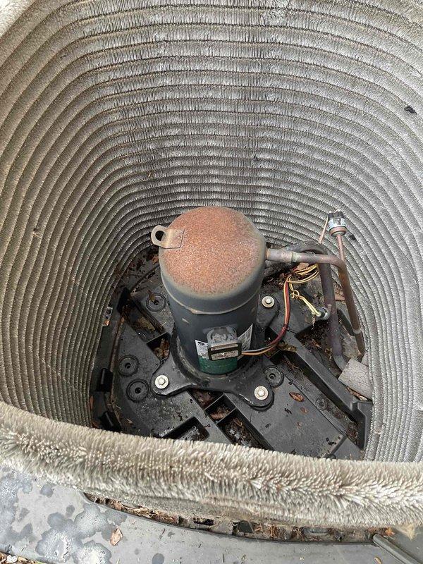 Completed BFMA tune-up on residential AC condenser unit at rental property. Inspected compressor, motor assembly, and cylindrical condenser coil which showed accumulation of debris, leaves, and organic matter throughout exterior fins and base area. Documented equipment condition with photos showing aging unit with visible wear, corroded components, and electrical connections requiring monitoring for future service needs.
