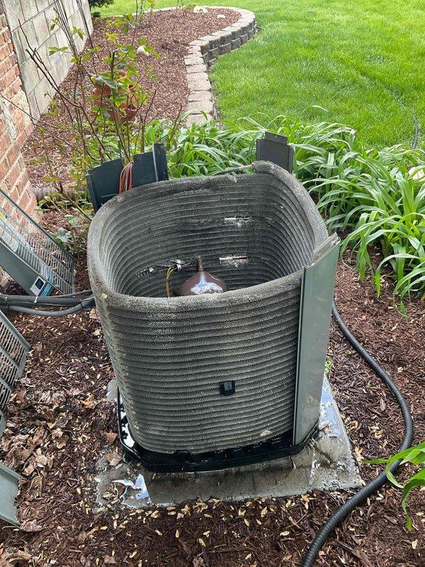 Completed comprehensive BFMA tune-up on 8-year-old residential air conditioning system. Performed full inspection of outdoor condenser unit including cleaning of coil fins, verification of refrigerant levels, electrical connection testing, and assessment of fan motor operation. Unit is operating within normal parameters with all components functioning properly and adequate airflow confirmed.