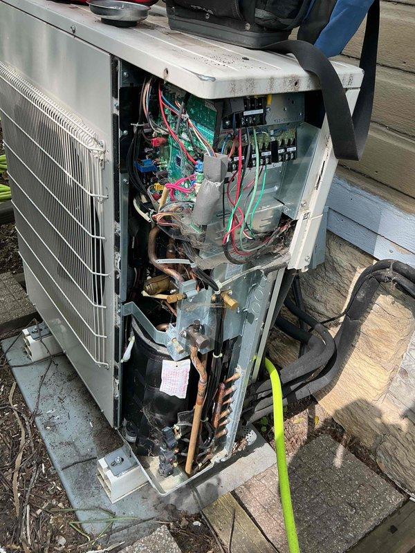 Completed comprehensive BFMA tune-up on 9+ year old residential air conditioning system. Performed full system inspection including removal of exterior panel to access internal components, verified proper operation of compressor, inspected refrigerant lines and electrical connections, examined circuit boards and wiring harness for signs of wear or damage, and confirmed wall-mounted thermostat control functionality. All components found operating within normal parameters with no immediate repairs required at time of service.