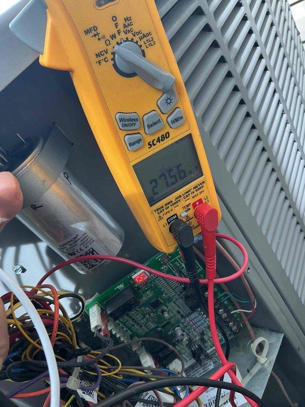 Completed semi-annual BFMA preventative maintenance service on HVAC system. Replaced 20x25x5 air filter and performed comprehensive AC tune-up including electrical diagnostics on control board, verified capacitor operation (JARD unit dated 5/9/21), and measured system amperage at 27.56A using clamp meter. All components inspected, connections verified secure, and system operating within normal parameters.