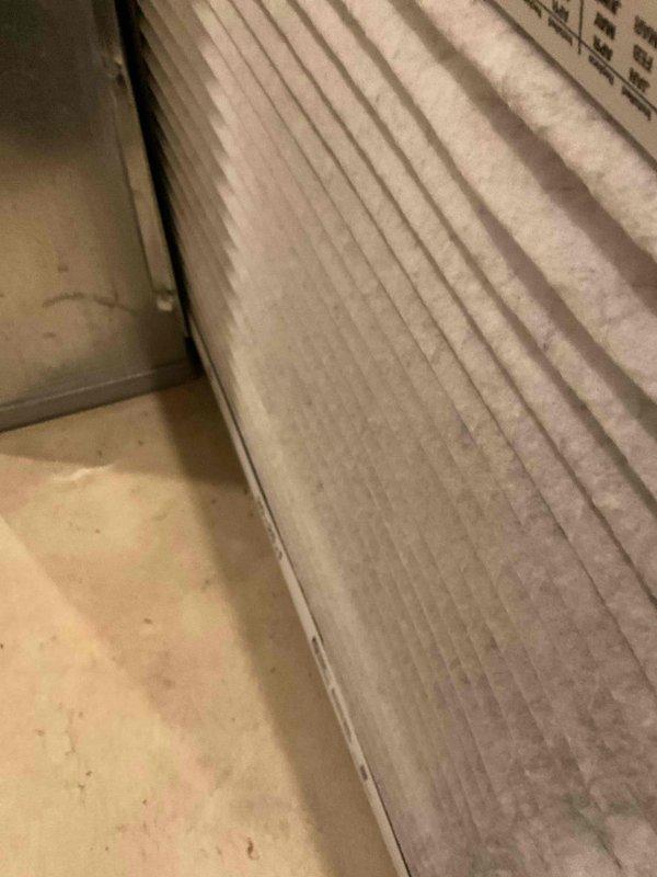 Completed comprehensive BFMA tune-up service on air conditioning system including inspection of all major components, verification of refrigerant levels, electrical connections, and thermostat calibration. Inspected and documented condition of air filtration system with 30x25x1 pleated filters showing moderate dust accumulation across both return air locations. All equipment operating within manufacturer specifications upon completion of preventive maintenance protocol.