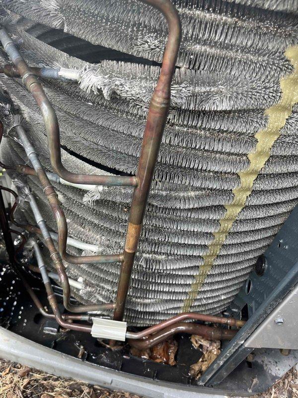 Completed comprehensive BFMA tune-up service on a 6-year-old residential air conditioning system. Performed standard maintenance protocol including inspection of outdoor condenser unit, cleaning of evaporator coil which showed significant dust and debris accumulation, and evaluation of refrigerant lines showing minor oxidation. All components assessed and system returned to optimal operating condition.