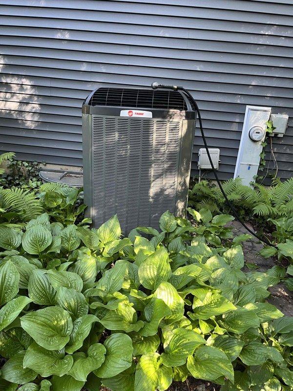 Completed comprehensive BFMA tune-up service on Trane air conditioning system over 3 years old. Performed full system inspection, replaced air filter, cleaned evaporator coil which showed moderate dust and debris accumulation between fins, and verified outdoor condenser unit operation. All components tested and found functioning within normal parameters upon completion.