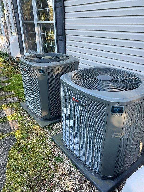 Completed comprehensive BFMA tune-up service on two air conditioning systems, including both outdoor condenser units and indoor air handler. Performed standard maintenance procedures including filter inspection, electrical connection checks, refrigerant level verification, condensate drain evaluation, and operational testing on all equipment. Client requested estimate for future mini split installation in garage, which will be provided separately.
