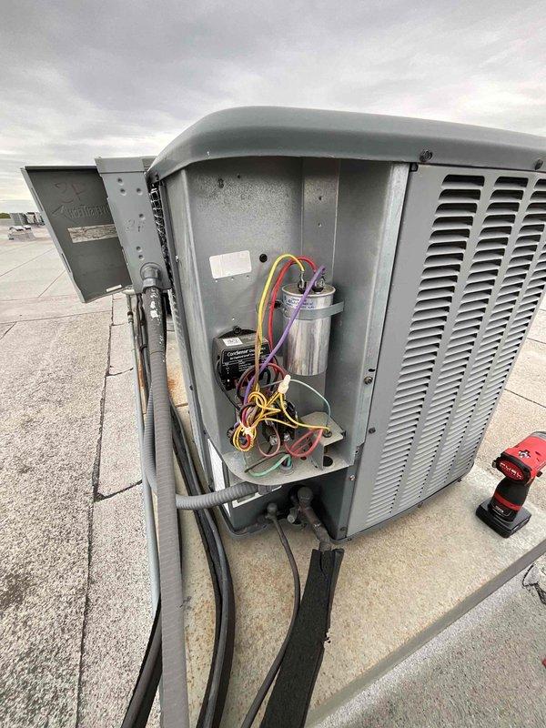 Completed comprehensive BFMA tune-up on rooftop-mounted air conditioning unit over 8 years old during morning service window. Performed full system inspection with access panel removal to evaluate internal components including capacitor, contactor, and electrical connections. Inspected refrigerant lines, verified proper wiring connections, and assessed overall unit operation. Replaced heavily soiled 20x20x1 pleated air filter that showed significant dust and debris accumulation, which was restricting airflow and reducing system efficiency. All components found to be functioning within normal parameters following tune-up procedures.