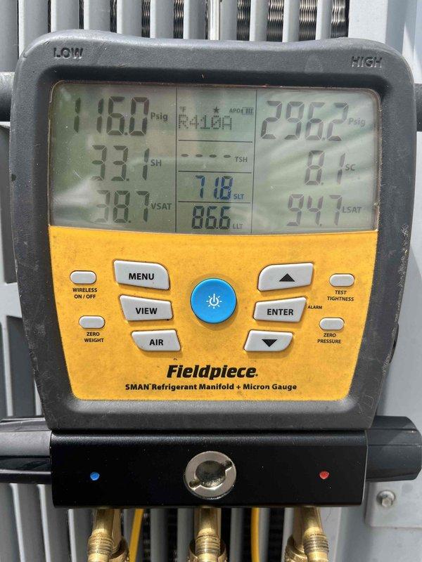 Responded to after-hours service call for air conditioning system not cooling at residential property. Upon arrival, performed diagnostic evaluation of 13-year-old R410A system using Fieldpiece SMAN refrigerant manifold and micron gauge. Connected diagnostic equipment to outdoor condensing unit and measured system pressures, superheat at 33.1°F, and subcooling at 8.1°F. Saturation temperatures recorded at 38.7°F and 94.7°F with operating pressures of 1160 psig low side and 2962 psig high side, indicating potential refrigerant charge issues or system performance degradation consistent with aging equipment.