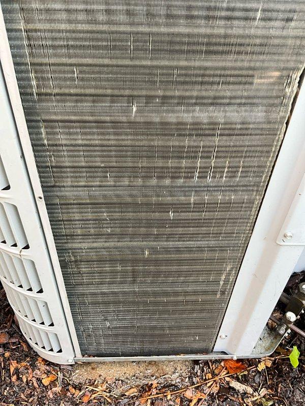 Completed comprehensive BFMA tune-up on 12-year-old residential air conditioning system. Inspected outdoor condensing unit and found significant dirt and debris accumulation on condenser coil fins; cleaned and cleared buildup to restore proper airflow and heat transfer efficiency. Inspected indoor air handler and replaced dirty 16x25x1 pleated air filter showing heavy dust accumulation to improve system airflow and indoor air quality. Performed standard preventive maintenance procedures including checking refrigerant levels, testing electrical connections, verifying proper thermostat operation, and ensuring all components functioning within manufacturer specifications. System operating normally upon completion with improved efficiency and airflow.