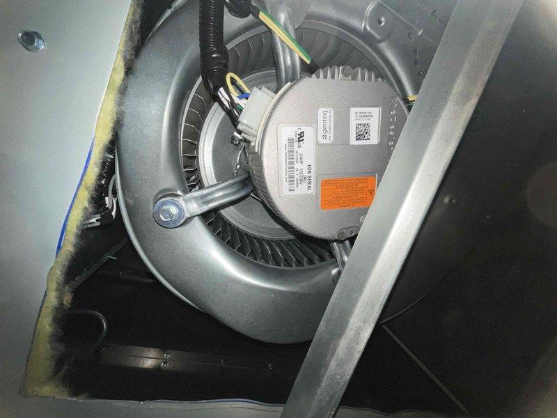 Completed comprehensive BFMA tune-up service on residential HVAC system with equipment over 2 years old. Performed thorough inspection of furnace unit including blower motor assembly, electrical connections, control board, gas valve components, and ignition system. Verified all internal components are properly wired and secured, checked blower motor operation and mounting bracket integrity, inspected electrical conduit and ground wire connections, and confirmed all safety labels and warning stickers are visible and intact. System tested and operating within normal parameters with all components functioning correctly.