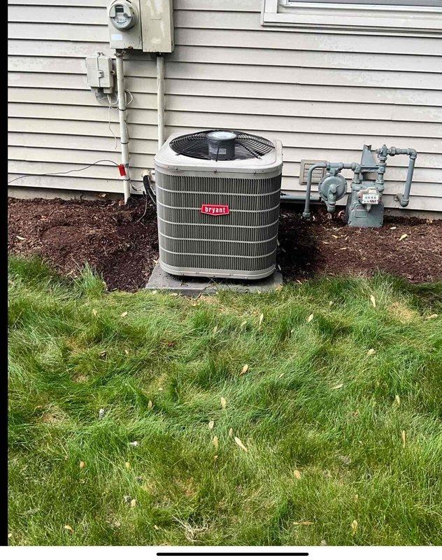 Completed comprehensive BFMA tune-up on aging Bryant outdoor condensing unit (15+ years old). Performed full system inspection, cleaned condenser coils showing accumulated dust and debris on metal fins, verified electrical connections at disconnect box, and tested operational performance. Unit operating within normal parameters upon completion of preventive maintenance service.