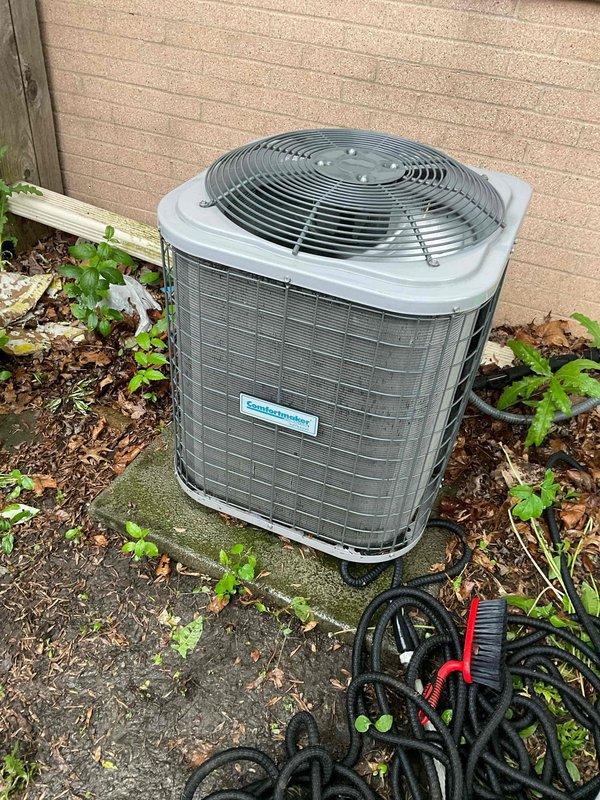 Completed comprehensive BFMA tune-up on 10-year-old residential air conditioning system. Performed full system inspection of outdoor condenser unit, replaced dirty pleated air filter, cleaned condenser coils, checked refrigerant levels and pressures, tested electrical connections and capacitors, verified proper airflow and system operation. Unit operating within manufacturer specifications upon completion.