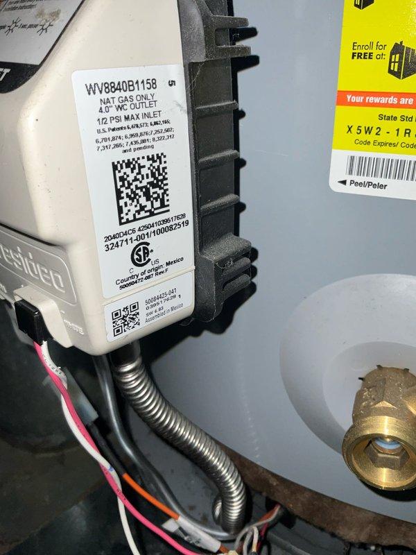 Responded to service call for water heater that would not stay lit. Upon arrival, inspected State ProLine commercial grade water heater installed in basement utility area. Diagnosed faulty Resideo gas control valve (model WV8840B1158) that was preventing pilot from remaining lit. Replaced defective gas control valve with new unit, tested for proper gas flow and pressure, verified pilot ignition and flame stability, and confirmed burner operation through complete heating cycle. Water heater restored to full operational status.