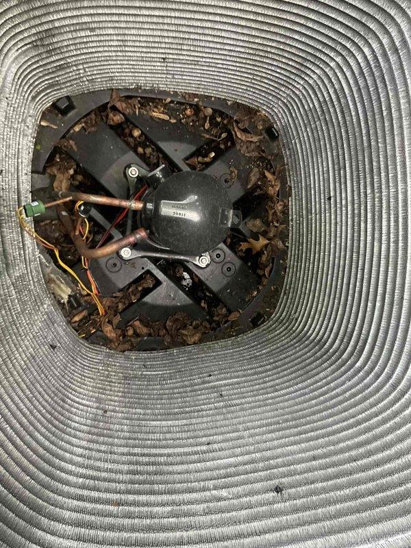 Completed comprehensive BFMA tune-up on 2-year-old outdoor HVAC condenser unit. Removed accumulated leaves and organic debris from interior components, motor housing, and base plate that had collected through top grille. Inspected condenser coils, copper refrigerant lines, electrical connections, and motor assembly; verified all components in proper working condition with fins maintaining correct spacing and alignment.