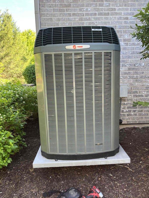 Completed comprehensive BFMA tune-up service on a 9+ year old Trane outdoor air conditioning unit. Performed full system inspection including checking refrigerant levels, electrical connections, capacitor operation, and contactor condition. Cleaned condenser coils, verified proper airflow through the unit, and tested system performance under load. Inspected and replaced indoor air filter with new pleated media filter to ensure optimal airflow and system efficiency. All components found operating within manufacturer specifications, and unit is functioning properly for the cooling season.