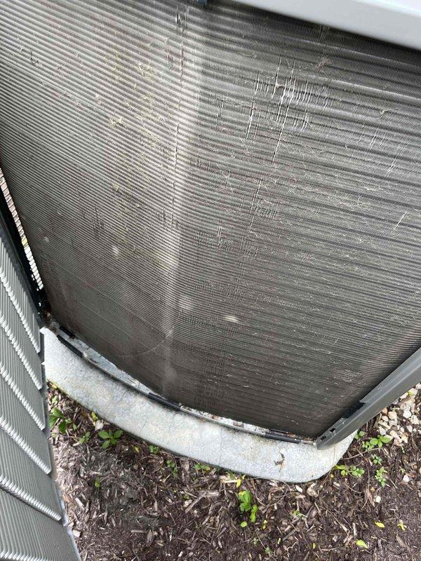 Completed comprehensive BFMA tune-up service on 9+ year old outdoor AC unit. Performed full system inspection, cleaned condenser coils showing moderate dirt and debris accumulation, checked refrigerant levels, tested electrical components, verified proper airflow through fin assembly, and ensured unit operational efficiency. Equipment running within normal parameters upon completion.