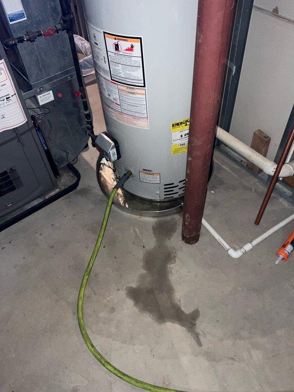 Completed isolation and drainage of existing tanked water heater in basement utility area. Shut off water supply to unit and connected drainage hose to drain valve at base of tank. Carefully routed garden hose across concrete floor to appropriate drainage point, taking precautions to avoid contact with white carpeting in adjacent areas. Successfully drained water heater tank completely, monitoring discharge throughout process. Verified all connections were secure during drainage operation. Protected surrounding area and maintained clean work environment throughout service, with particular attention to preventing water damage to flooring and stored items in basement space.