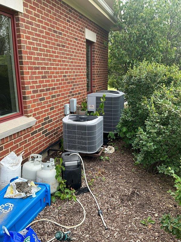 Completed comprehensive BFMA tune-up service on two 17-year-old residential air conditioning systems located at exterior of property. Performed standard preventive maintenance protocol including inspection of condenser units, cleaning of coils, verification of refrigerant levels, testing of electrical components, and assessment of overall system performance to ensure optimal cooling efficiency for the upcoming season.