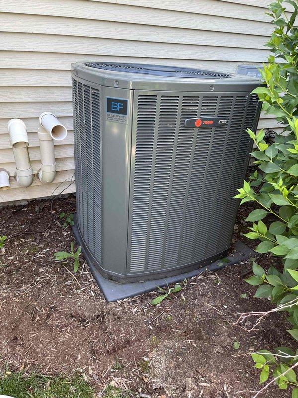 Completed comprehensive BFMA tune-up service on Trane air conditioning system, including AC maintenance and humidifier service with #35 pad replacement. Upon inspection, discovered significant frost accumulation on evaporator coil assembly with asymmetrical ice buildup pattern, indicating potential airflow restriction or refrigerant issues. Performed thorough system evaluation, cleaned coil fins, checked refrigerant levels, verified proper airflow, and addressed freeze-up condition to restore optimal cooling performance.