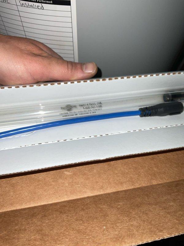 Completed UV bulb replacement for HVAC system. Accessed attic-mounted air handler unit, removed existing UV lamp assembly, and installed new UV bulb with proper electrical connections verified. System tested and confirmed operational upon completion.