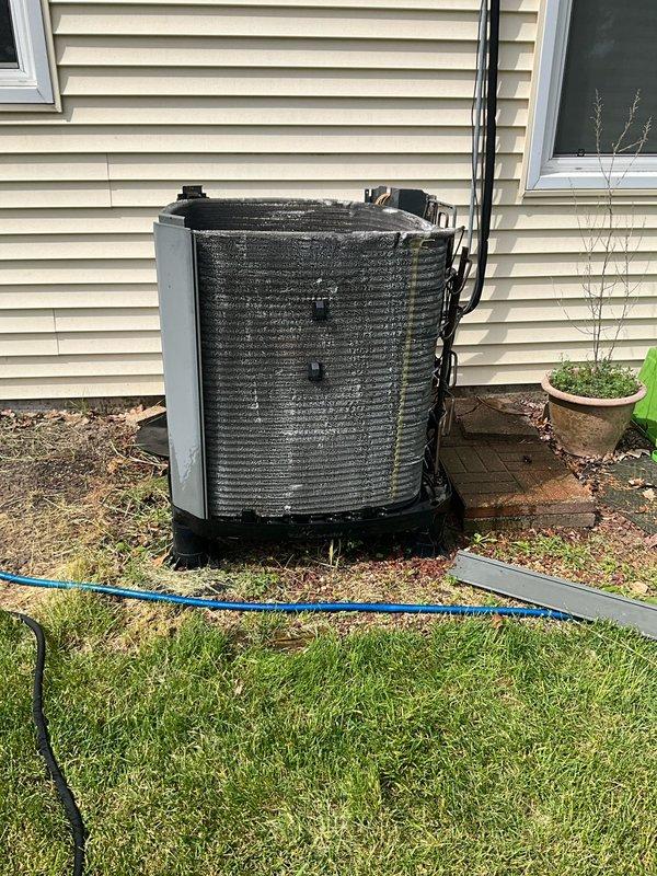 Completed comprehensive BFMA tune-up on 16+ year old Trane air conditioning system. Performed thorough cleaning of heavily soiled condenser coils which showed significant dirt, dust, and debris buildup restricting airflow through heat exchange fins. Conducted standard maintenance procedures including system inspection, performance testing, and verification of proper operation to ensure optimal efficiency for the cooling season.