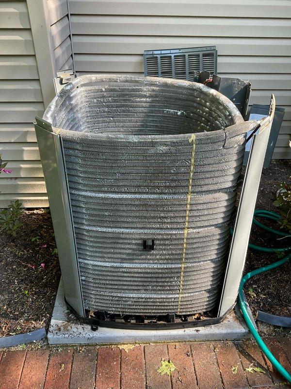 Completed comprehensive BFMA tune-up on 8-year-old residential air conditioning system. Performed thorough cleaning of heavily soiled condenser coils which had significant accumulation of dirt, dust, and debris restricting airflow and reducing system efficiency. Changed air filters, inspected all system components, and verified proper operation of outdoor condensing unit to ensure optimal cooling performance for the upcoming season.